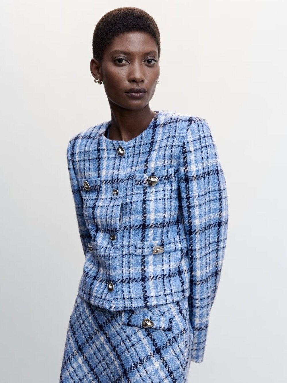 MANGO Blue Check tweed jacket Size L ** NWT **